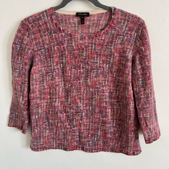 Escada Wool Pink Plaid Tweed Print Sweater with 3/4 Sleeves, size XL - Picture 2 of 5